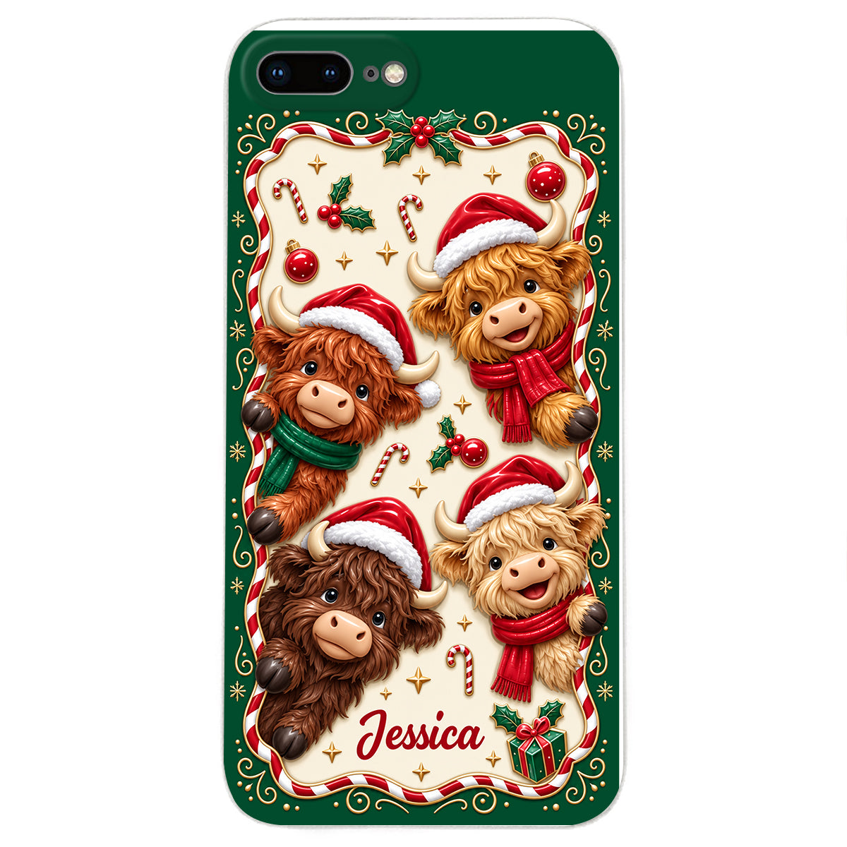 Merry Christmas Cute Highland Cows - Personalized Highland Cow 3D Embossed Leather Phone Case