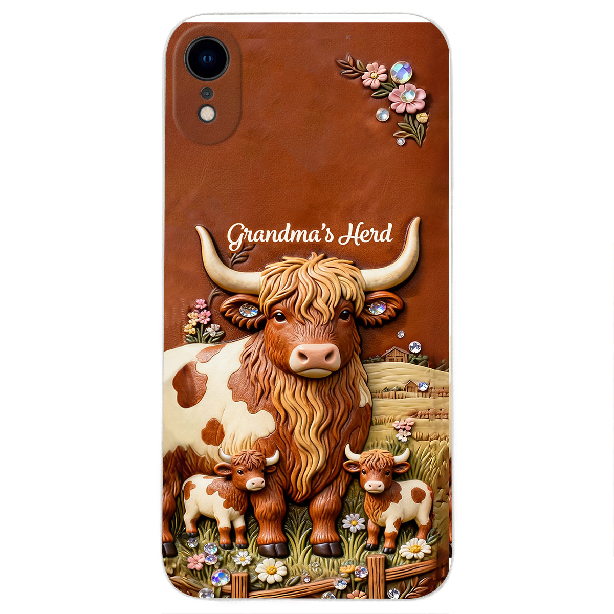 Grandma's Herd - Personalized Highland Cow 3D Embossed Leather Phone Case