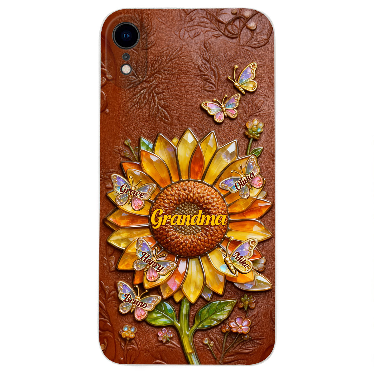 Grandma Sunflower - Personalized Grandma 3D Embossed Leather Phone Case