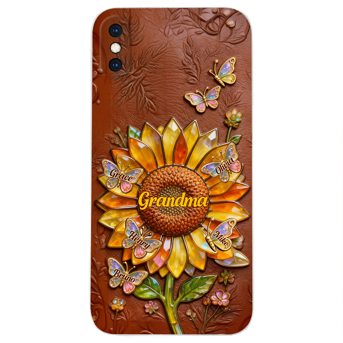 Grandma Sunflower - Personalized Grandma 3D Embossed Leather Phone Case