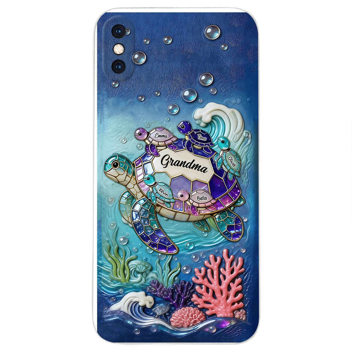 Grandma Turtle - Personalized Turtle 3D Embossed Leather Phone Case