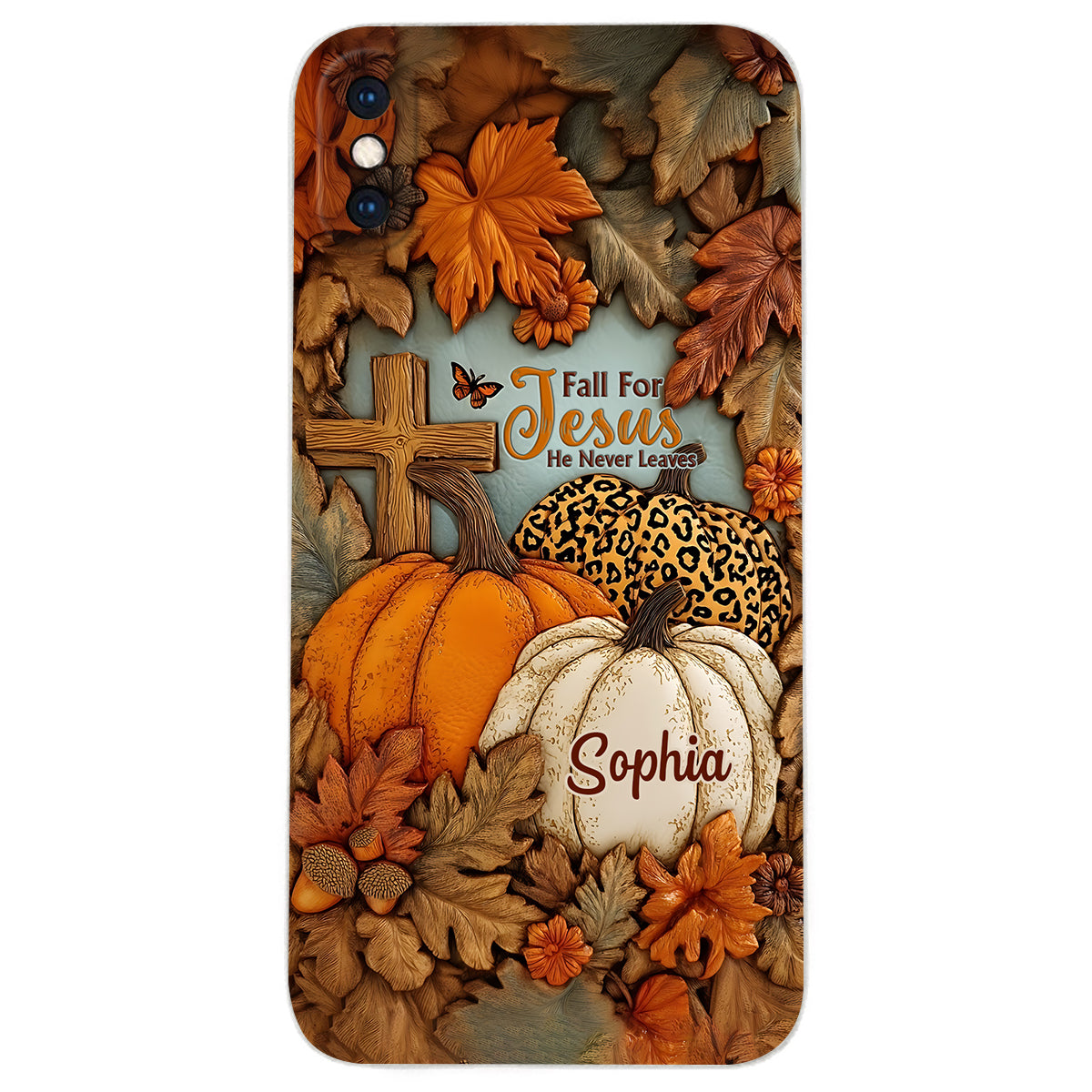 Fall for Jesus, He Never Leaves - Personalized Christian Leather Phone Case