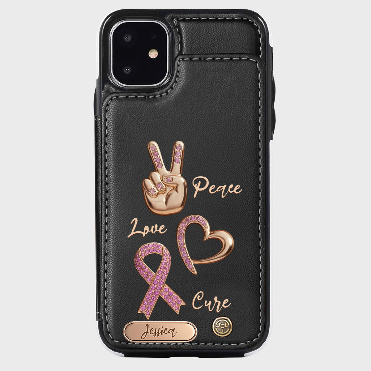 Étui portefeuille personnalisé Peace Love Cure pour téléphone, symbole de sensibilisation au cancer du sein