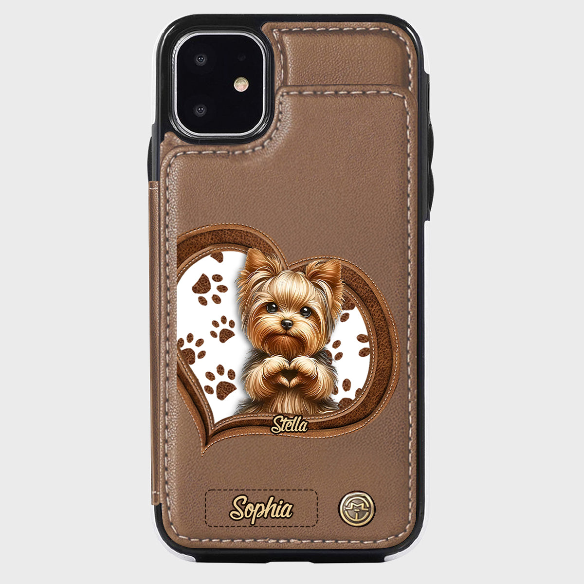 Étui portefeuille/téléphone personnalisé pour chien avec motif de cœur formé par un chiot ou un chaton