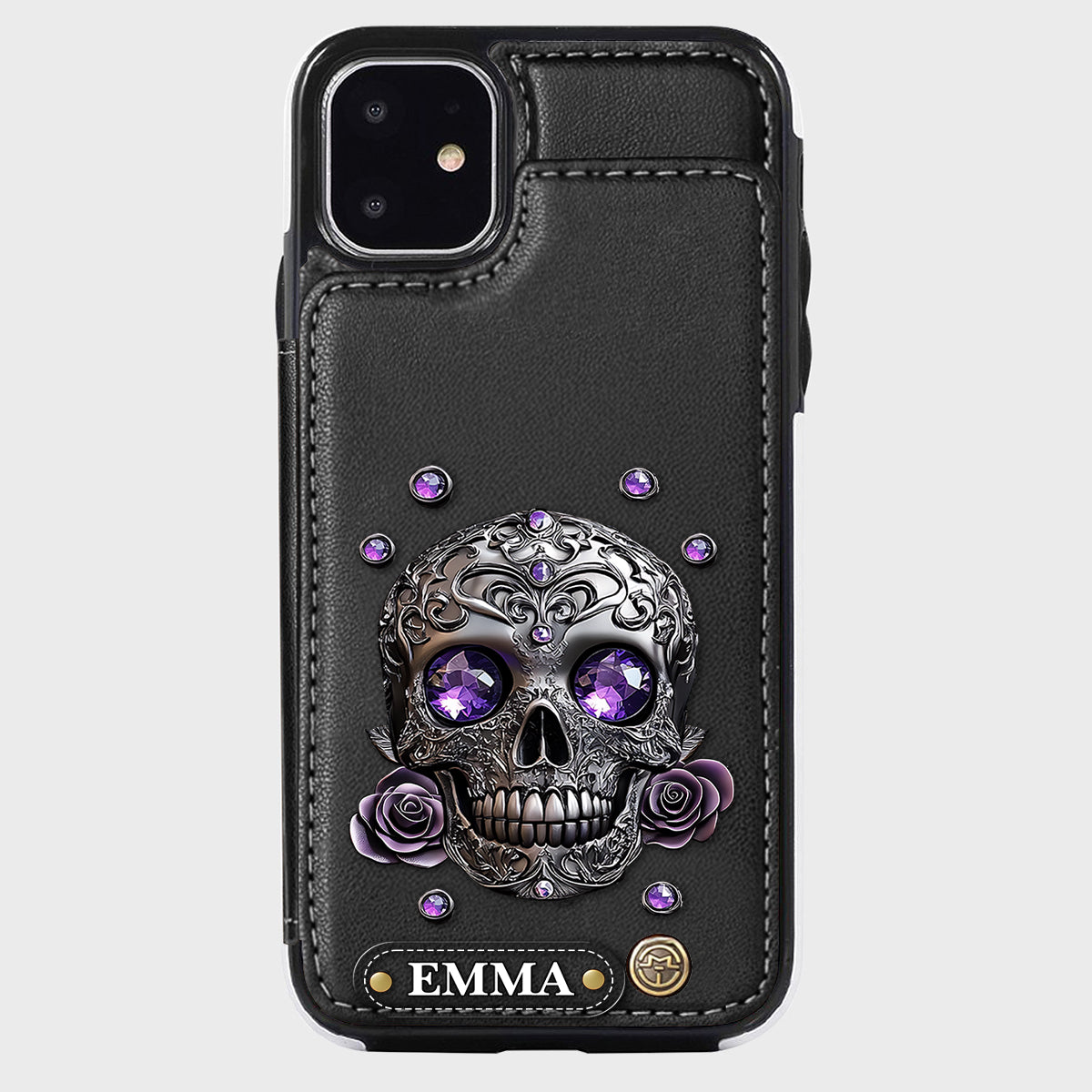 Étui portefeuille personnalisé avec tête de mort et roses