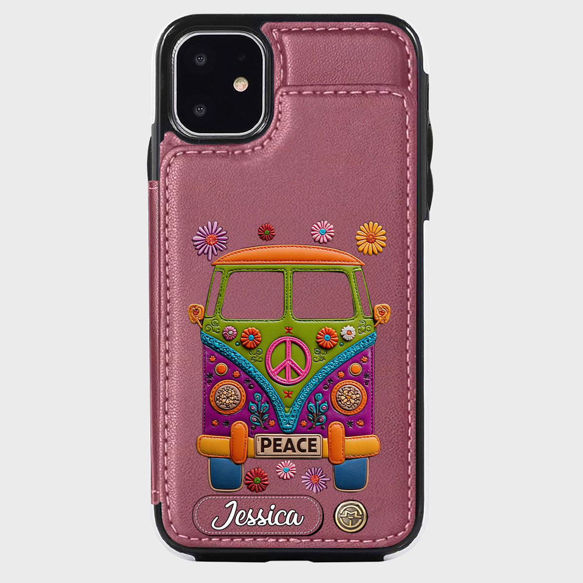 Peace Bus - Étui portefeuille hippie personnalisé avec breloque en cuir