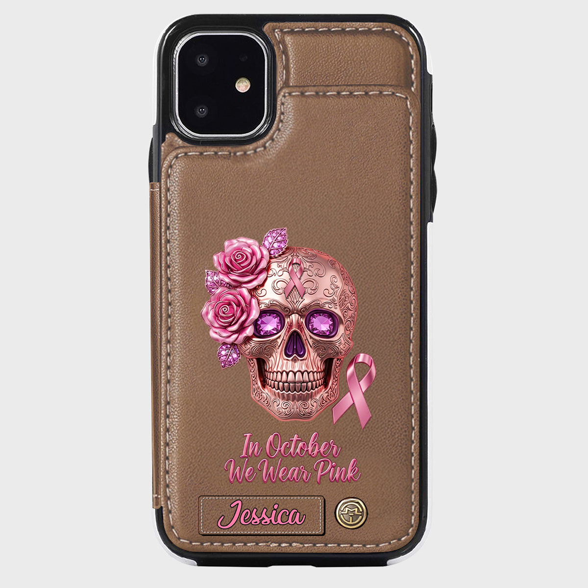 Étui portefeuille personnalisé pour téléphone avec motif crâne et ruban, sensibilisation au cancer du sein