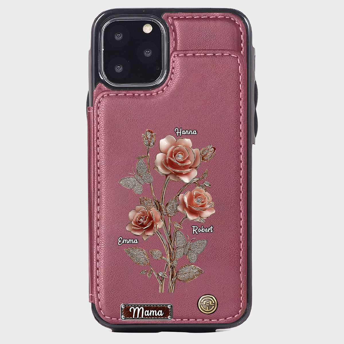Étui portefeuille personnalisé pour téléphone portable « Mère et Roses »