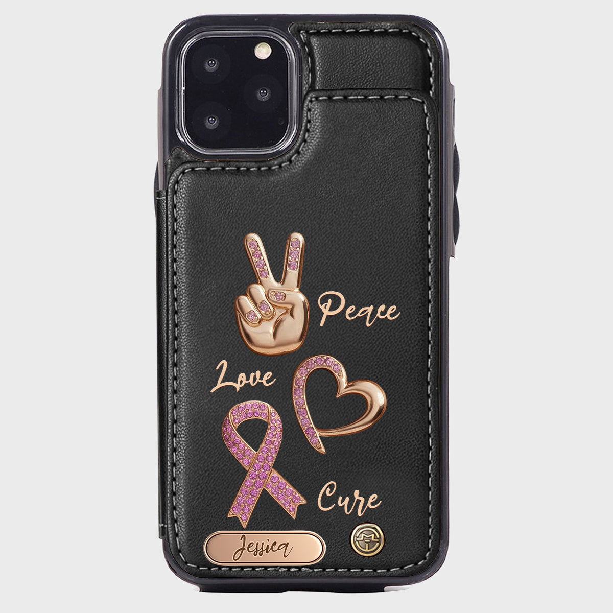 Étui portefeuille personnalisé Peace Love Cure pour téléphone, symbole de sensibilisation au cancer du sein