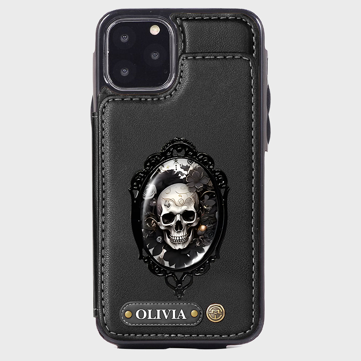 Étui portefeuille personnalisé en forme de crâne à motif floral gothique - Étui de téléphone à tête de mort -