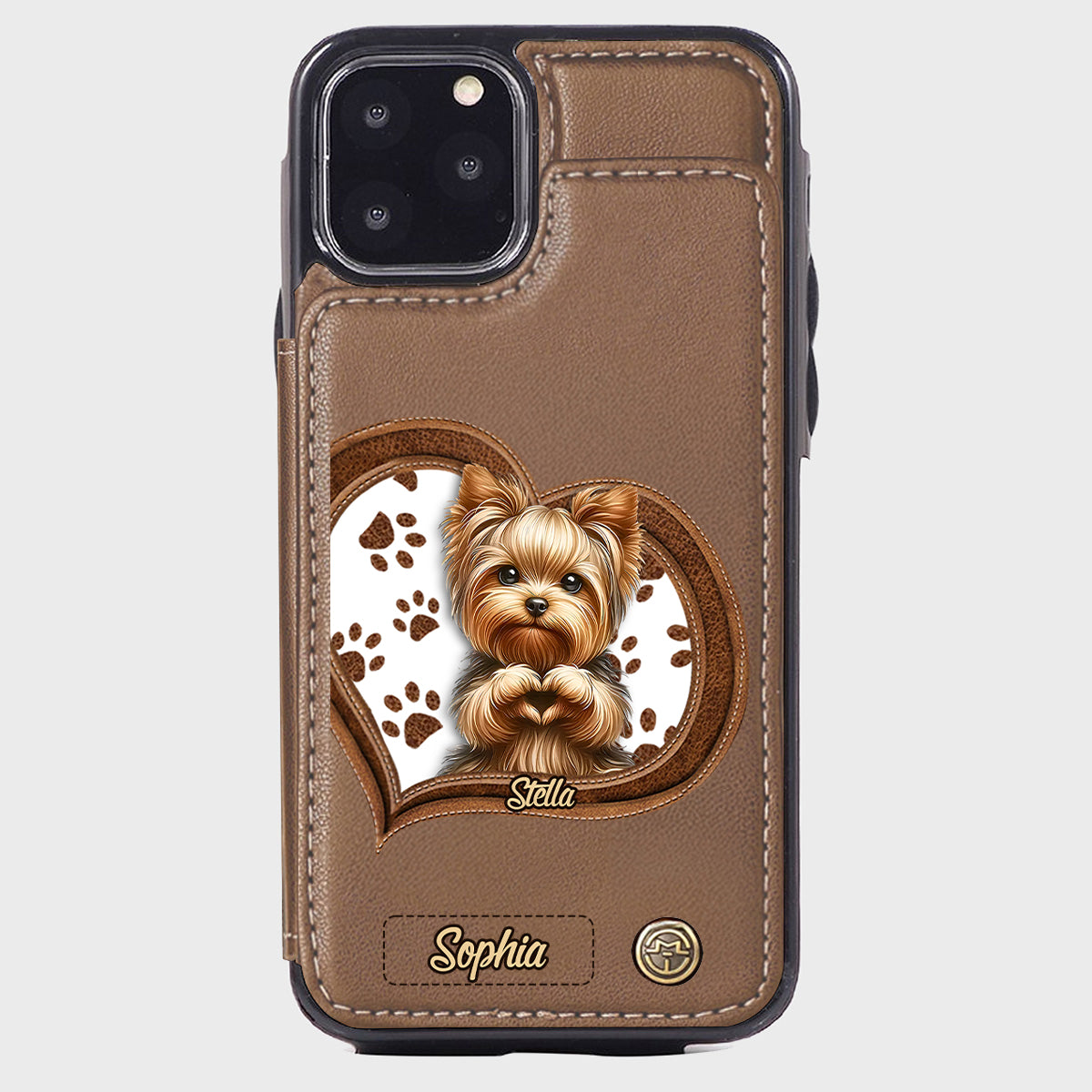 Étui portefeuille/téléphone personnalisé pour chien avec motif de cœur formé par un chiot ou un chaton
