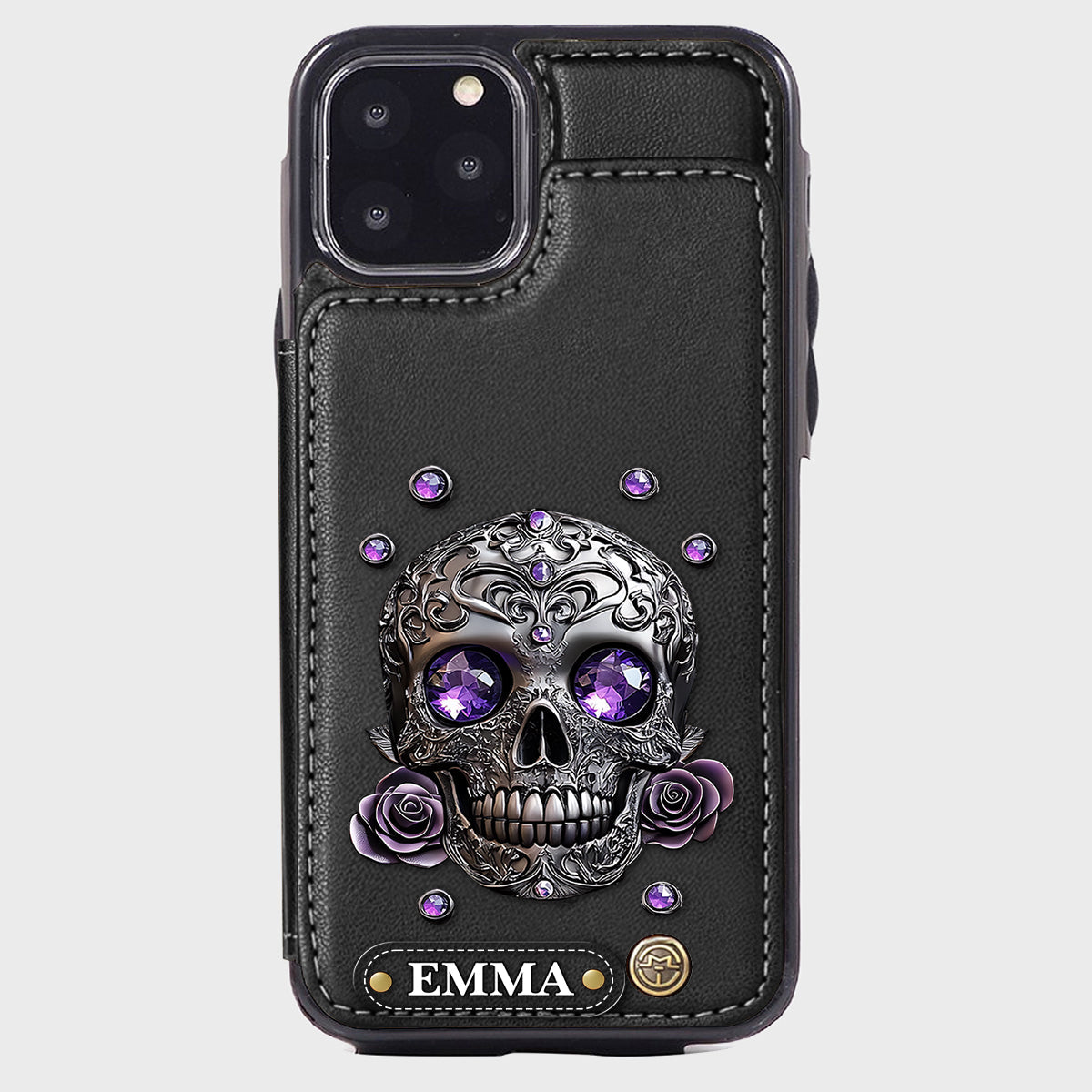 Étui portefeuille personnalisé avec tête de mort et roses