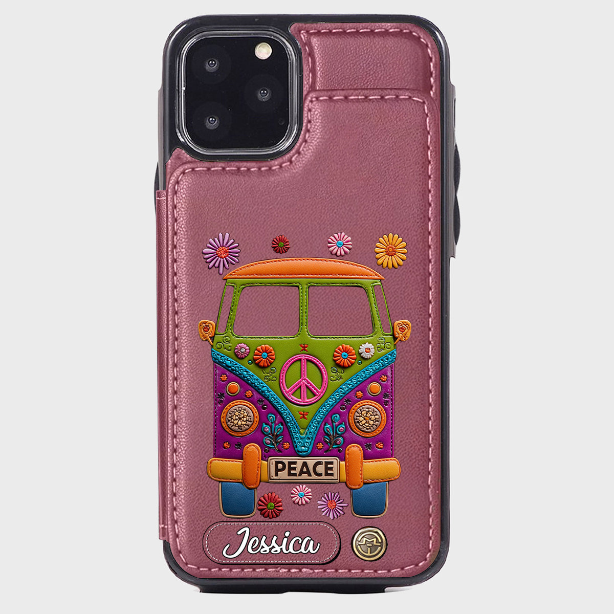 Peace Bus - Étui portefeuille hippie personnalisé avec breloque en cuir