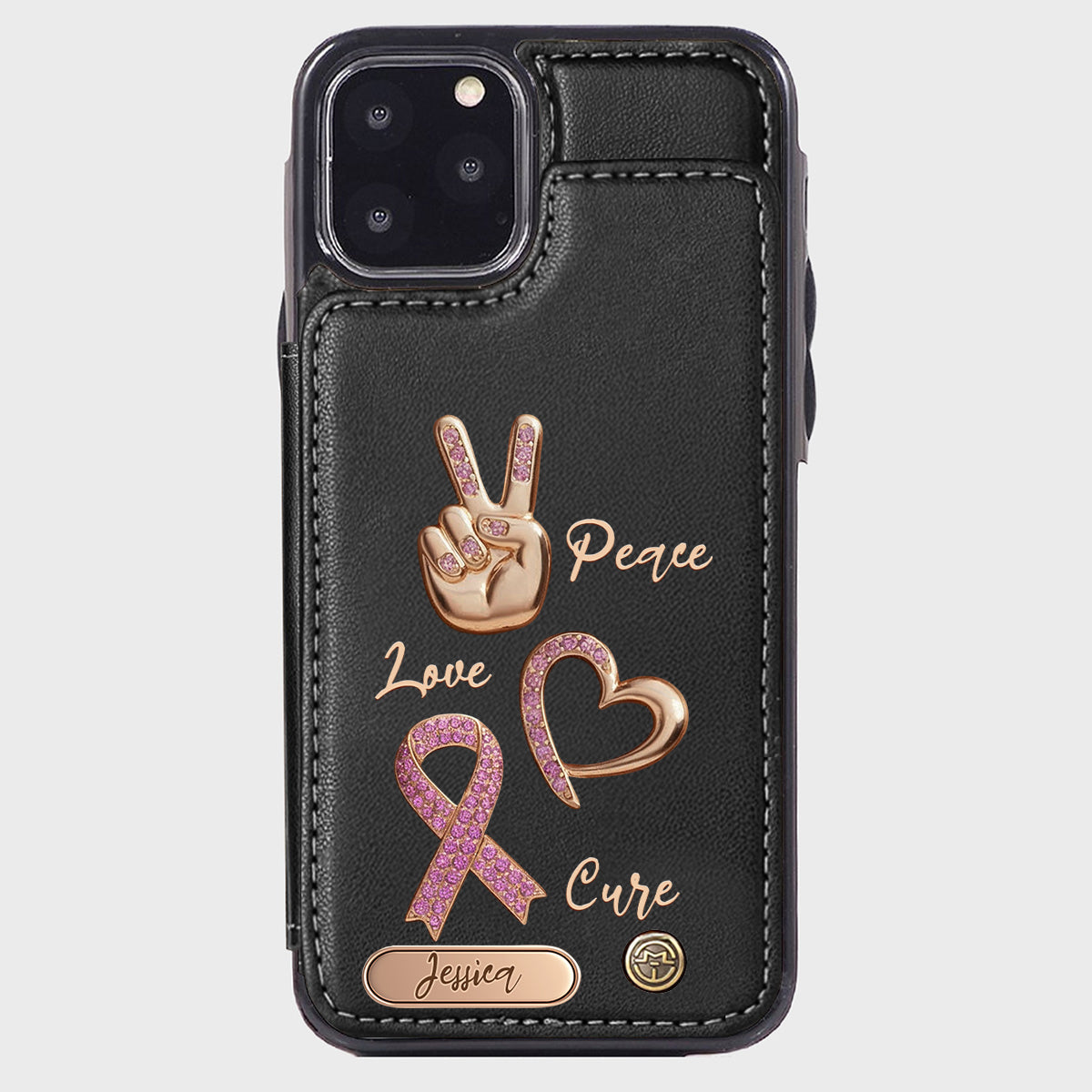 Étui portefeuille personnalisé Peace Love Cure pour téléphone, symbole de sensibilisation au cancer du sein
