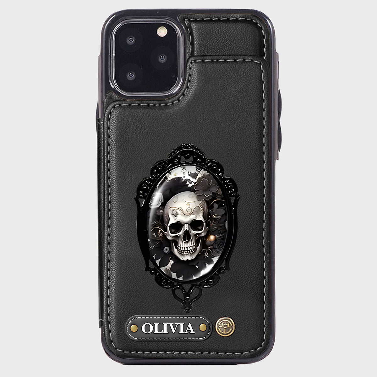 Étui portefeuille personnalisé en forme de crâne à motif floral gothique - Étui de téléphone à tête de mort -
