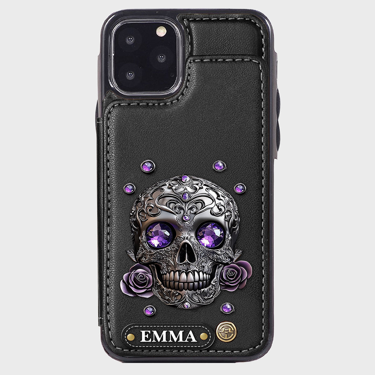 Étui portefeuille personnalisé avec tête de mort et roses
