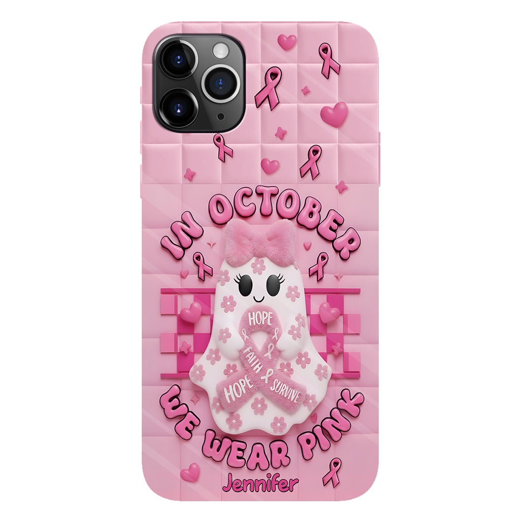 Coque de téléphone personnalisée avec un adorable fantôme et un message de sensibilisation au cancer du sein - Coque de téléphone imprimée intégralement pour la sensibilisation au cancer du sein