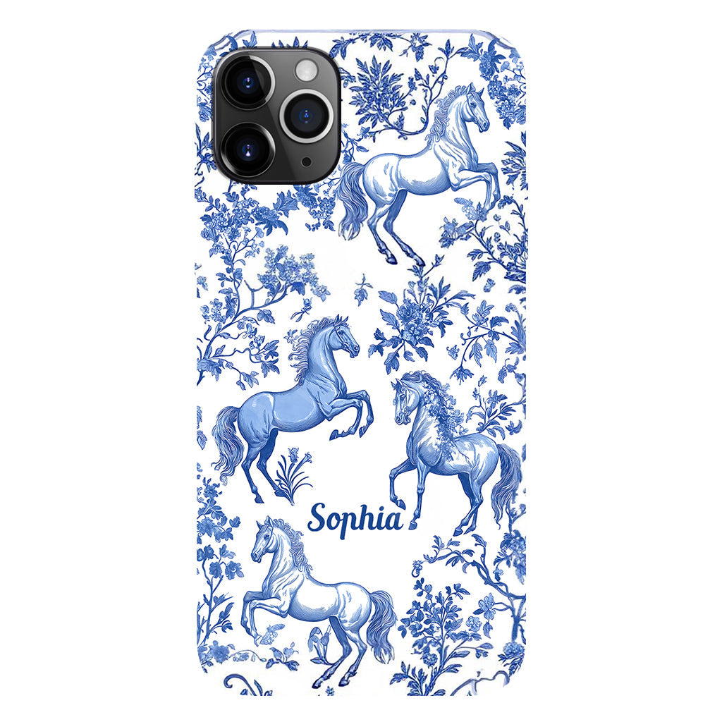 Coque de téléphone personnalisée avec motif cheval bleu et blanc Toile de Jouy - Coque de téléphone à motif cheval intégral