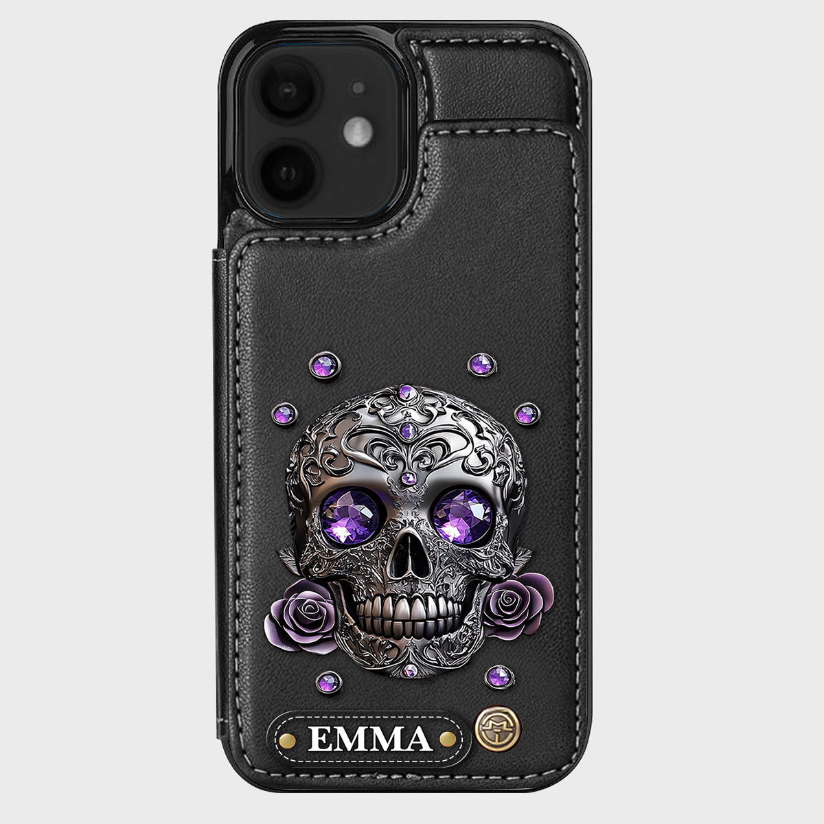 Étui portefeuille personnalisé avec tête de mort et roses