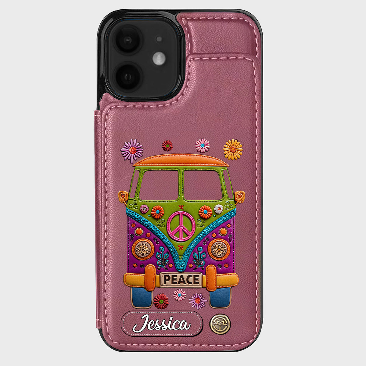 Peace Bus - Étui portefeuille hippie personnalisé avec breloque en cuir