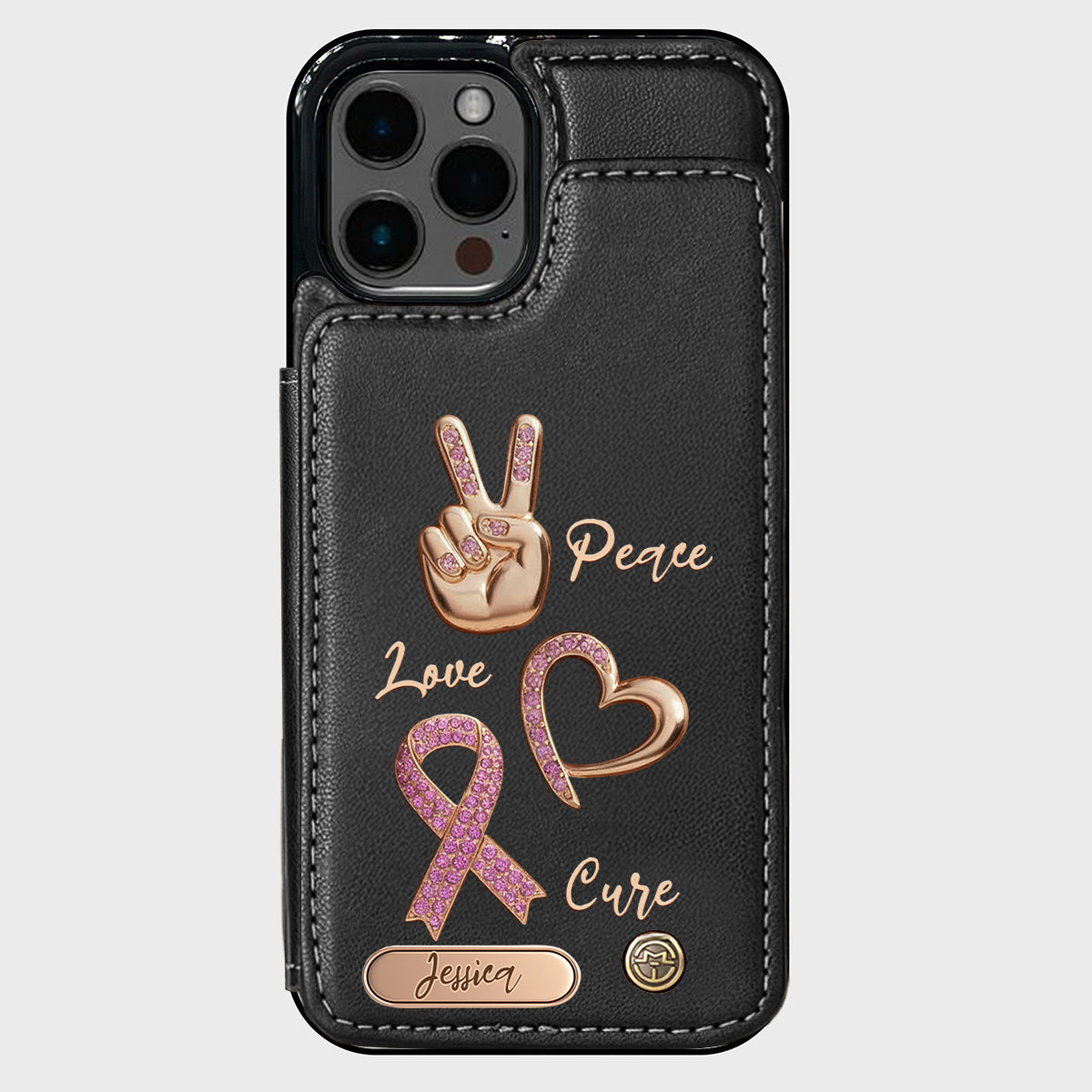 Étui portefeuille personnalisé Peace Love Cure pour téléphone, symbole de sensibilisation au cancer du sein