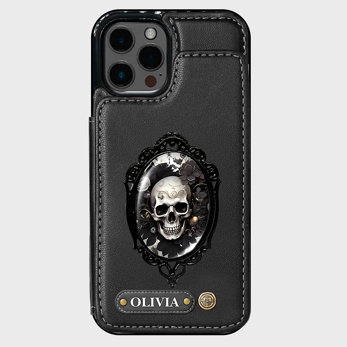Étui portefeuille personnalisé en forme de crâne à motif floral gothique - Étui de téléphone à tête de mort -