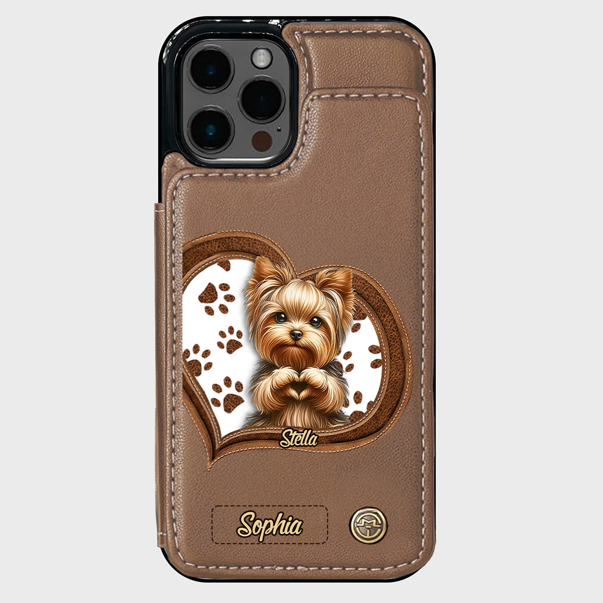Étui portefeuille/téléphone personnalisé pour chien avec motif de cœur formé par un chiot ou un chaton