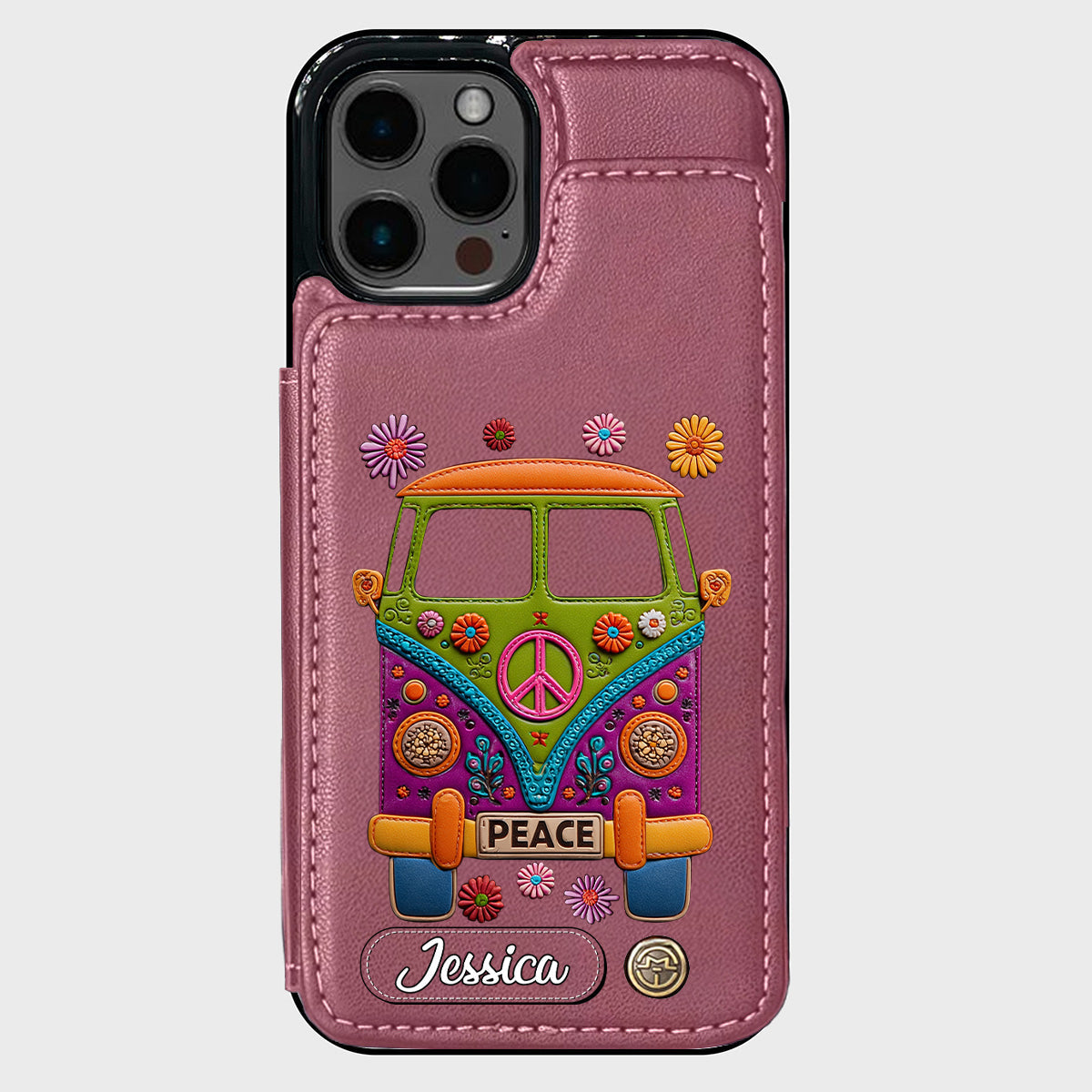 Peace Bus - Étui portefeuille hippie personnalisé avec breloque en cuir
