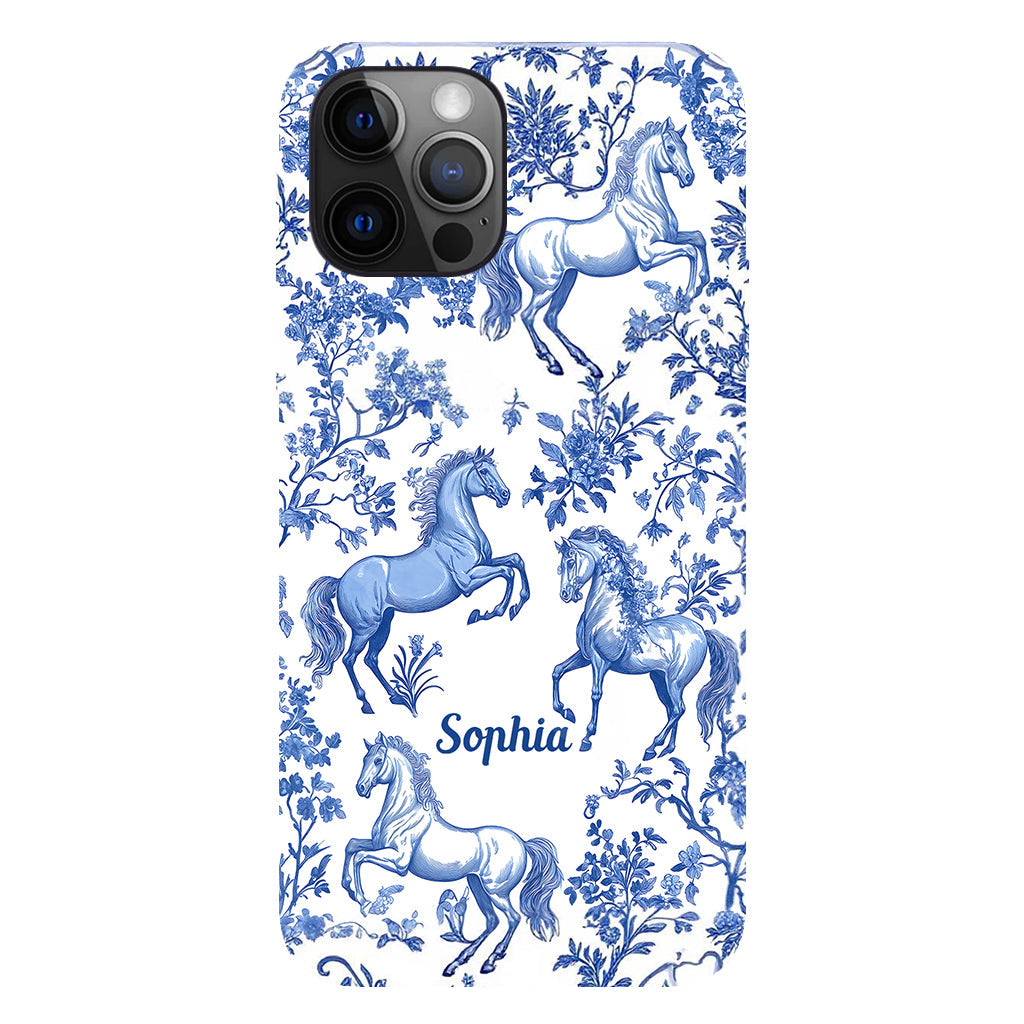 Coque de téléphone personnalisée avec motif cheval bleu et blanc Toile de Jouy - Coque de téléphone à motif cheval intégral