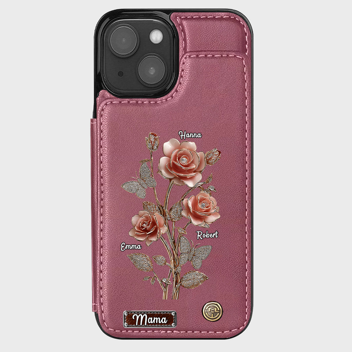 Étui portefeuille personnalisé pour téléphone portable « Mère et Roses »