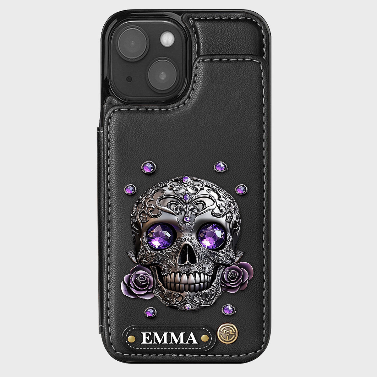 Étui portefeuille personnalisé avec tête de mort et roses