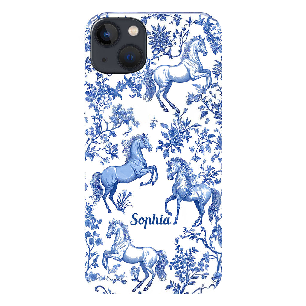 Coque de téléphone personnalisée avec motif cheval bleu et blanc Toile de Jouy - Coque de téléphone à motif cheval intégral