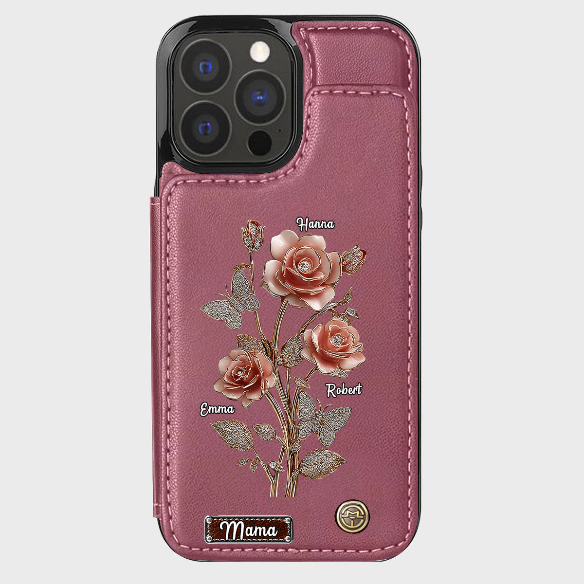 Étui portefeuille personnalisé pour téléphone portable « Mère et Roses »