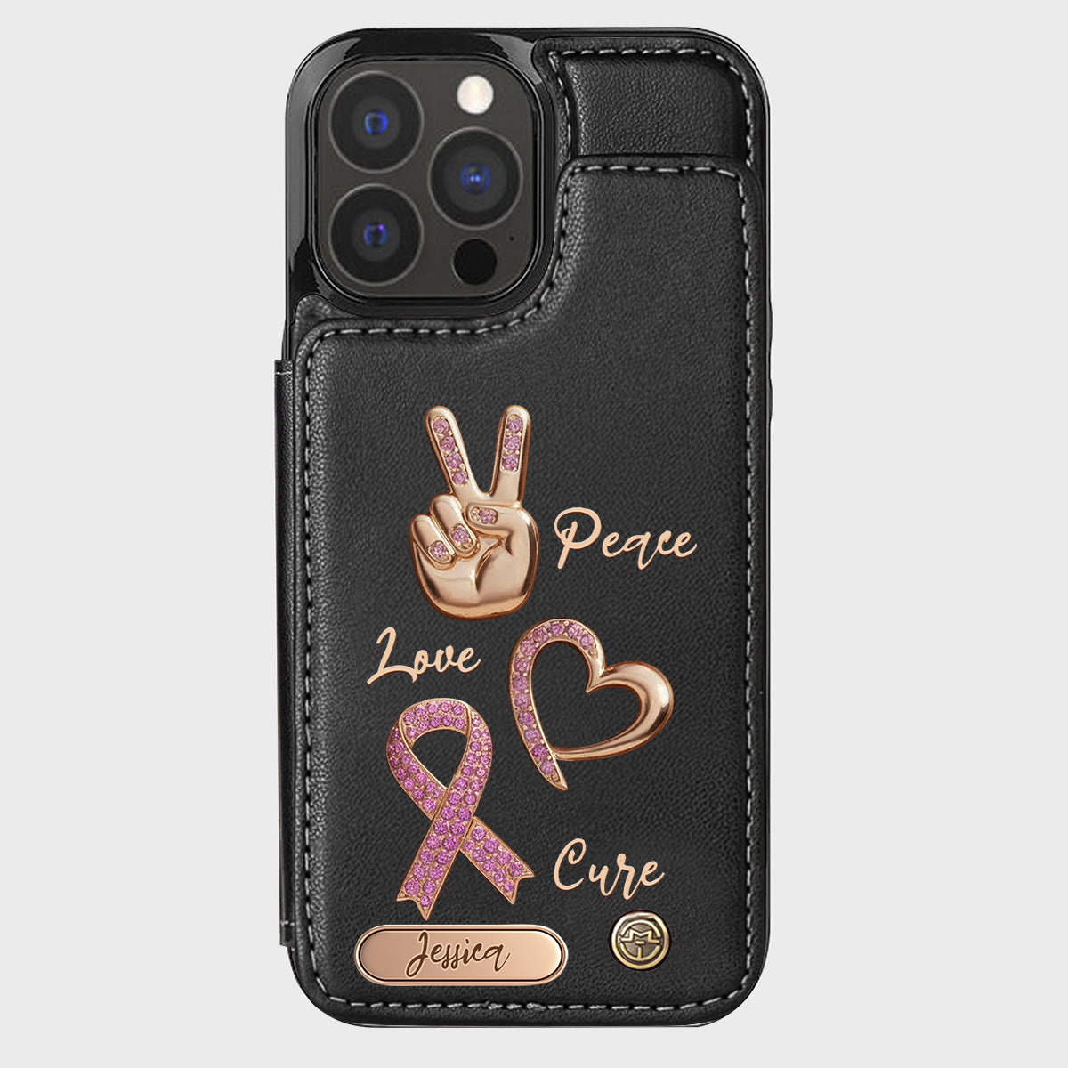 Étui portefeuille personnalisé Peace Love Cure pour téléphone, symbole de sensibilisation au cancer du sein