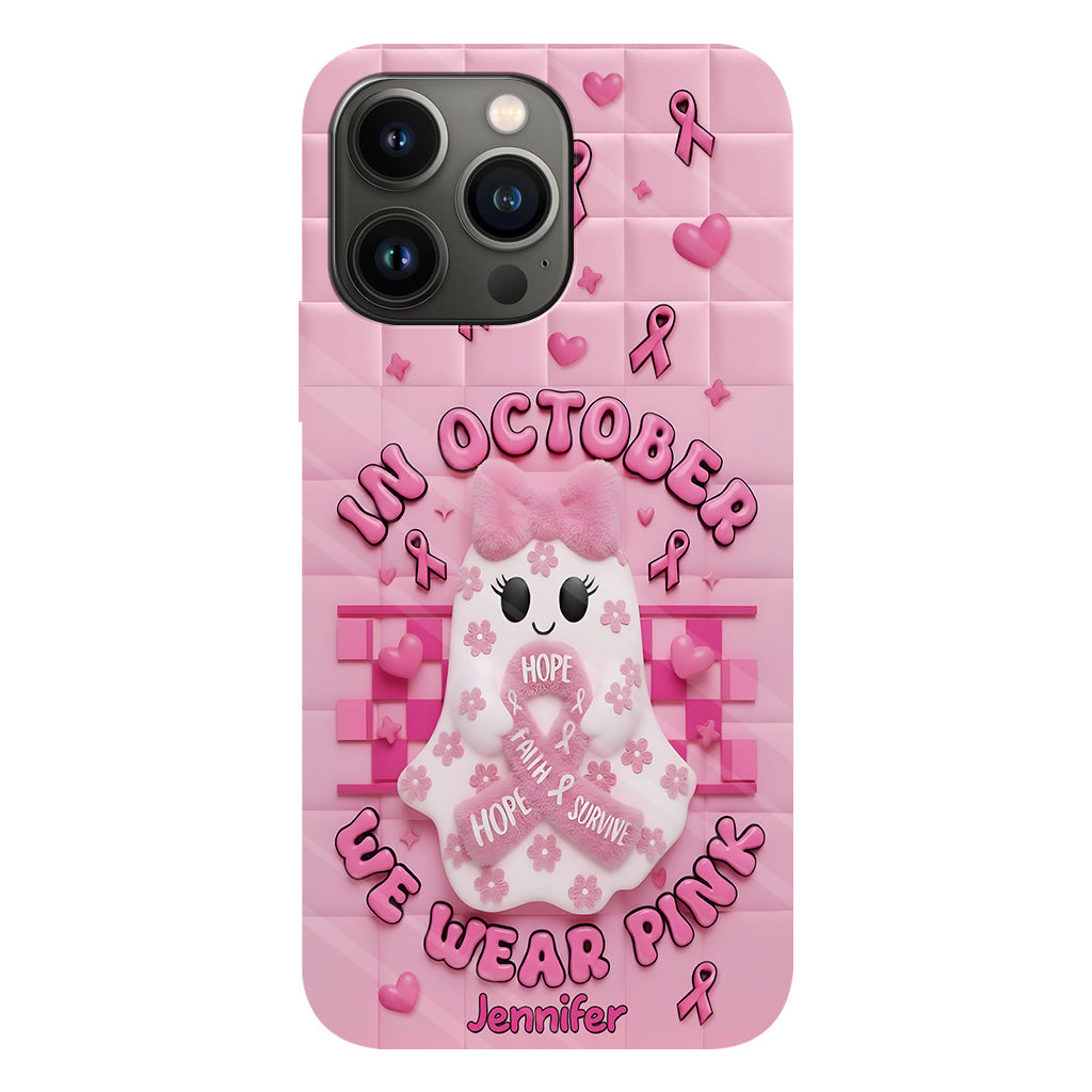 Coque de téléphone personnalisée avec un adorable fantôme et un message de sensibilisation au cancer du sein - Coque de téléphone imprimée intégralement pour la sensibilisation au cancer du sein