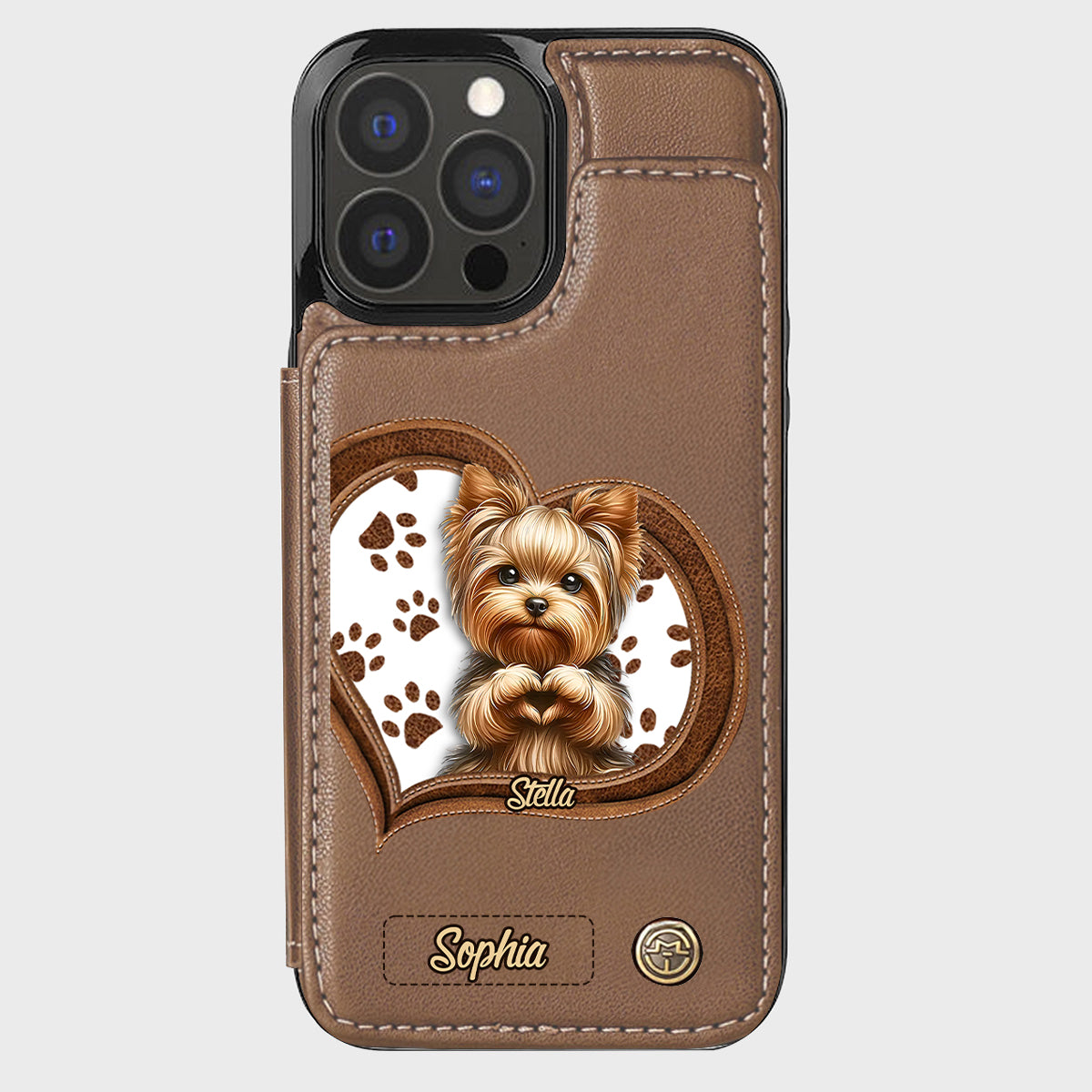 Étui portefeuille/téléphone personnalisé pour chien avec motif de cœur formé par un chiot ou un chaton