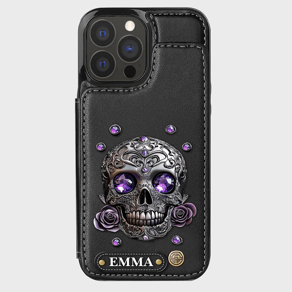Étui portefeuille personnalisé avec tête de mort et roses