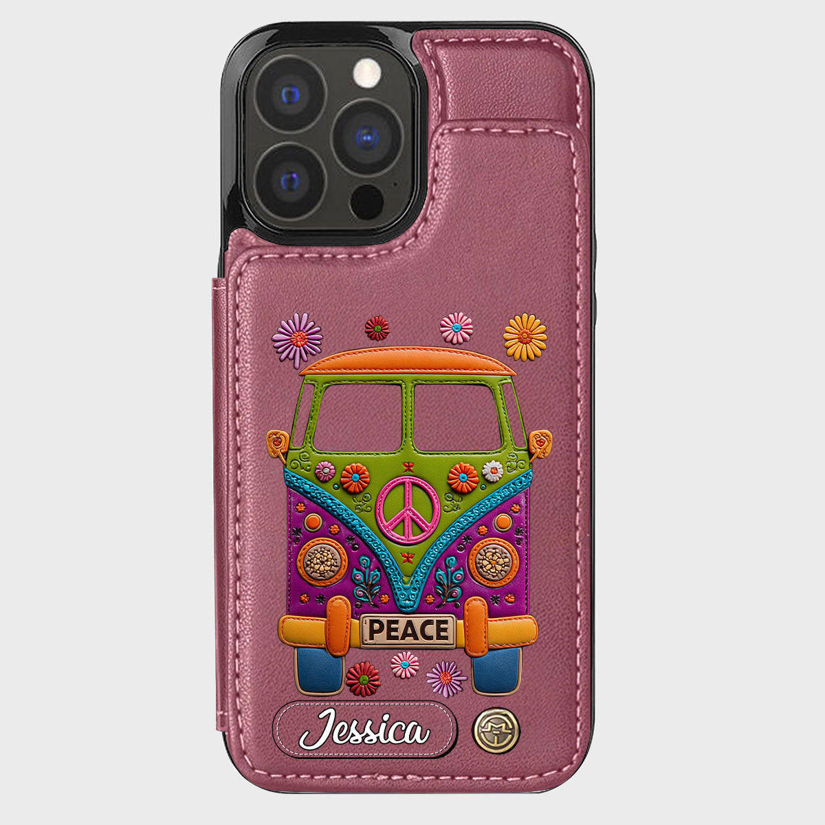 Peace Bus - Étui portefeuille hippie personnalisé avec breloque en cuir