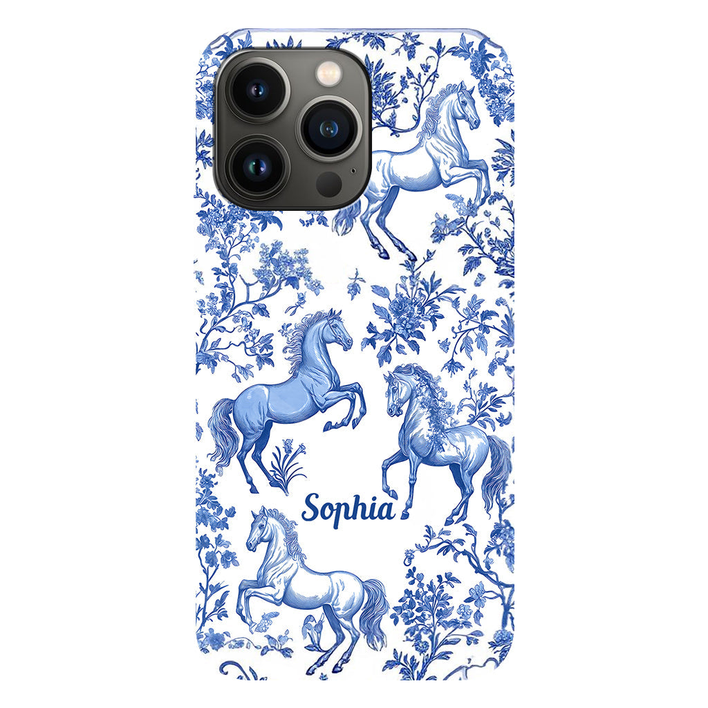 Coque de téléphone personnalisée avec motif cheval bleu et blanc Toile de Jouy - Coque de téléphone à motif cheval intégral