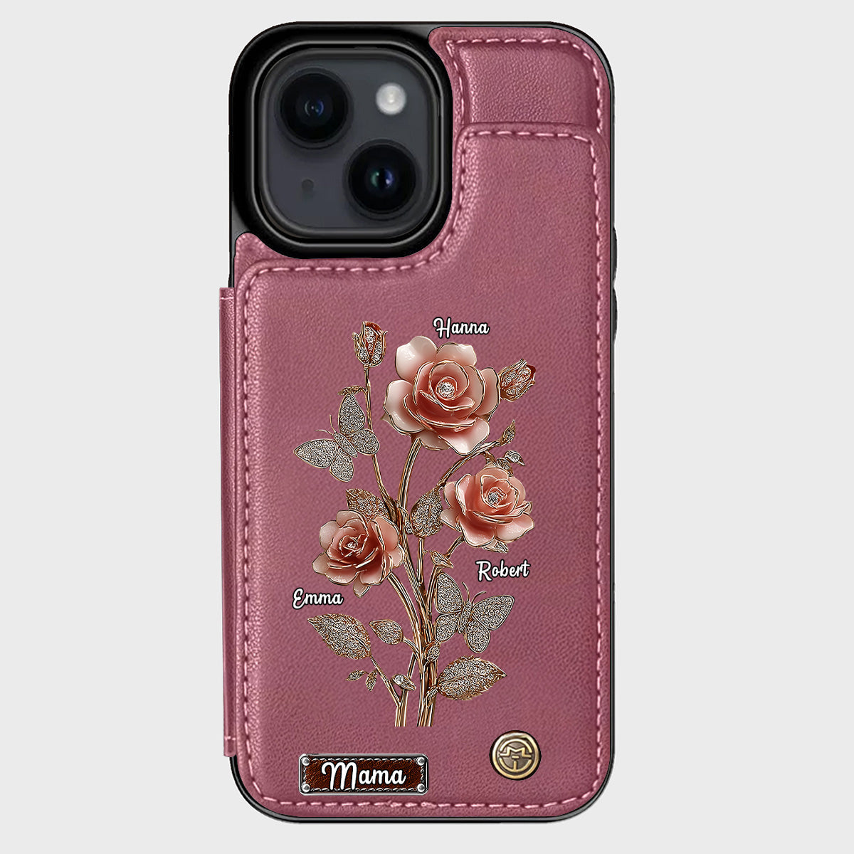 Étui portefeuille personnalisé pour téléphone portable « Mère et Roses »