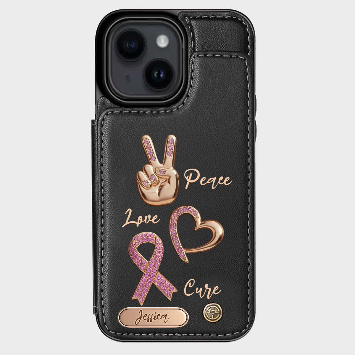 Étui portefeuille personnalisé Peace Love Cure pour téléphone, symbole de sensibilisation au cancer du sein