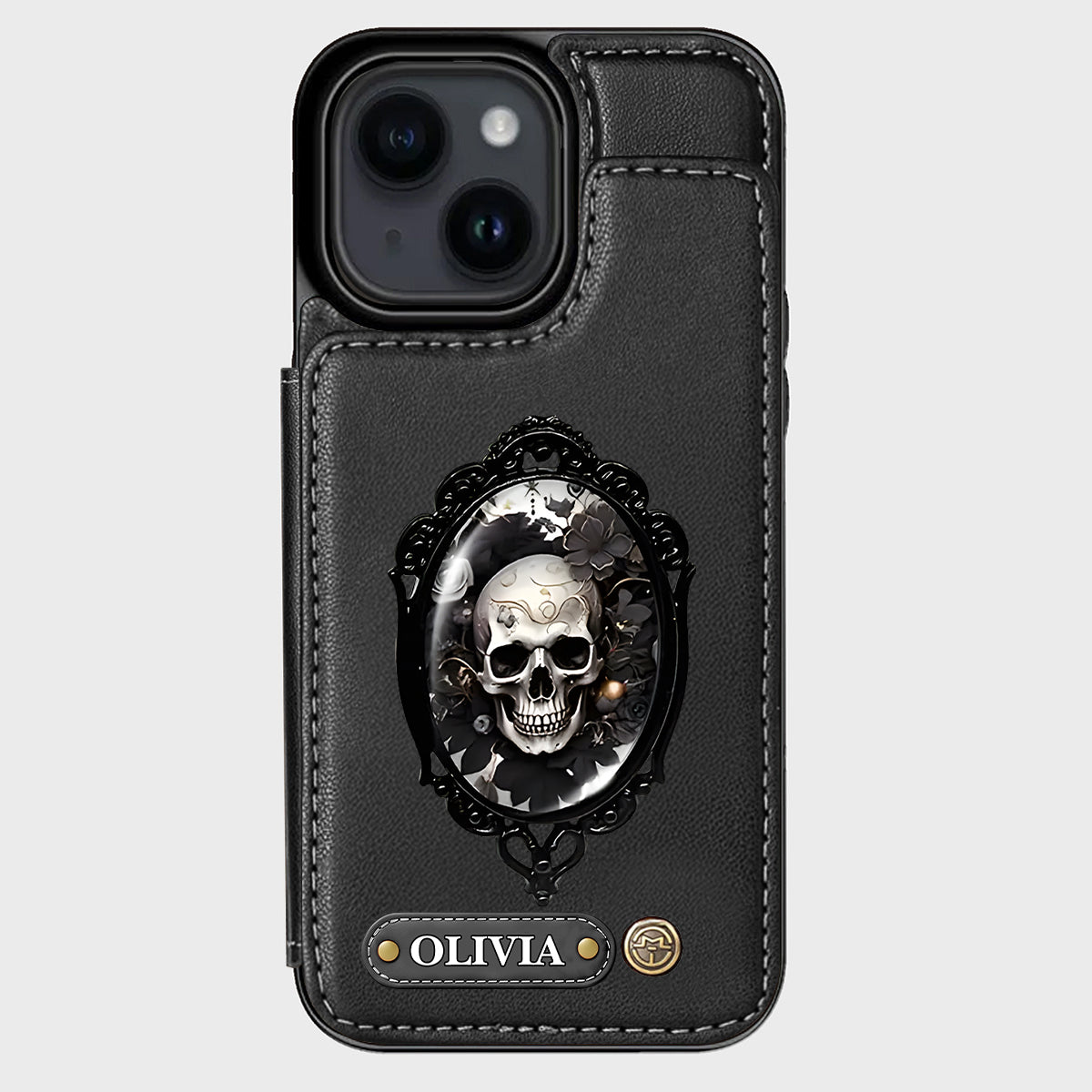 Étui portefeuille personnalisé en forme de crâne à motif floral gothique - Étui de téléphone à tête de mort -