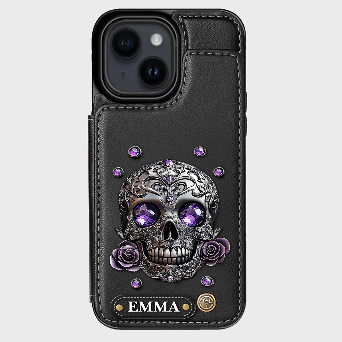 Étui portefeuille personnalisé avec tête de mort et roses