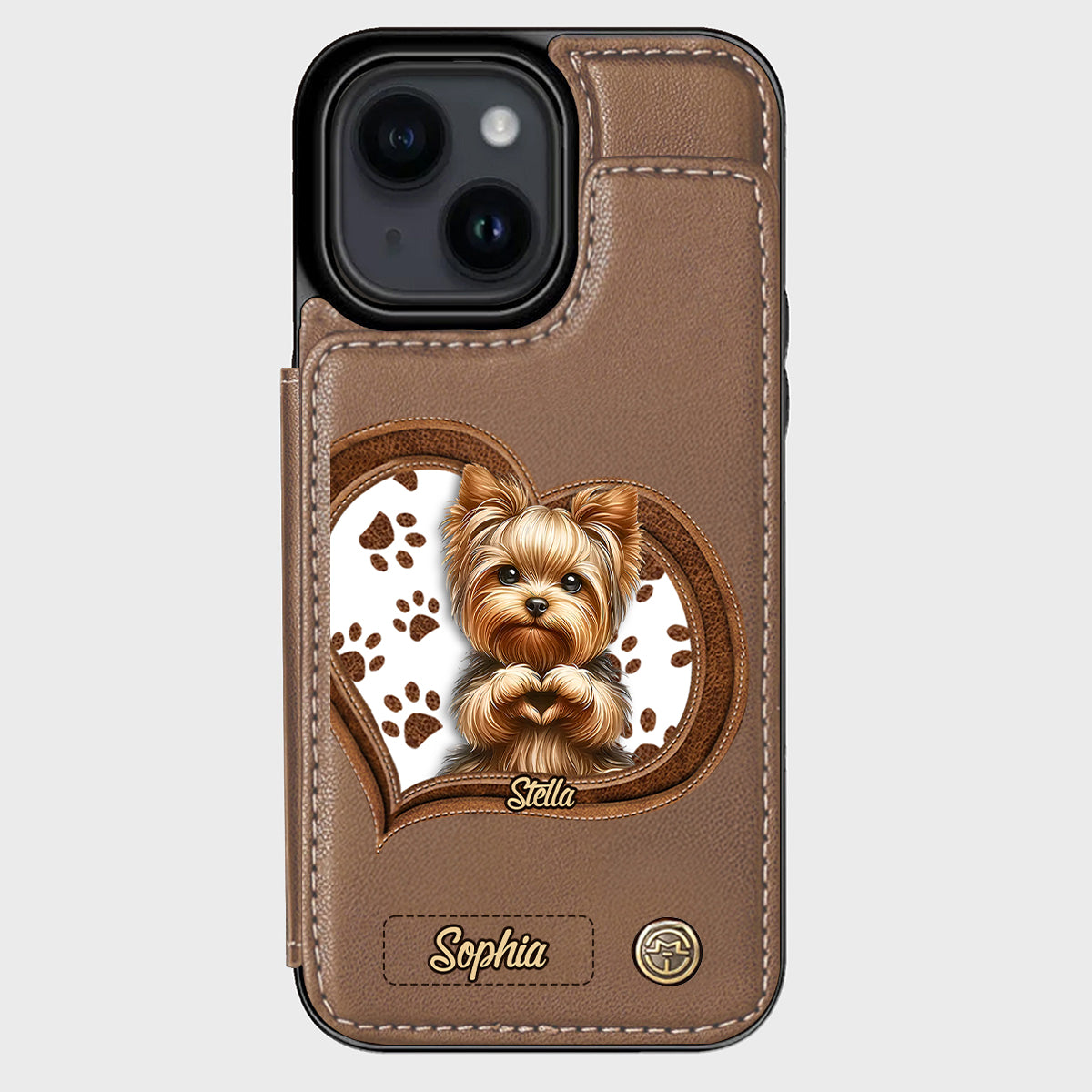 Étui portefeuille/téléphone personnalisé pour chien avec motif de cœur formé par un chiot ou un chaton