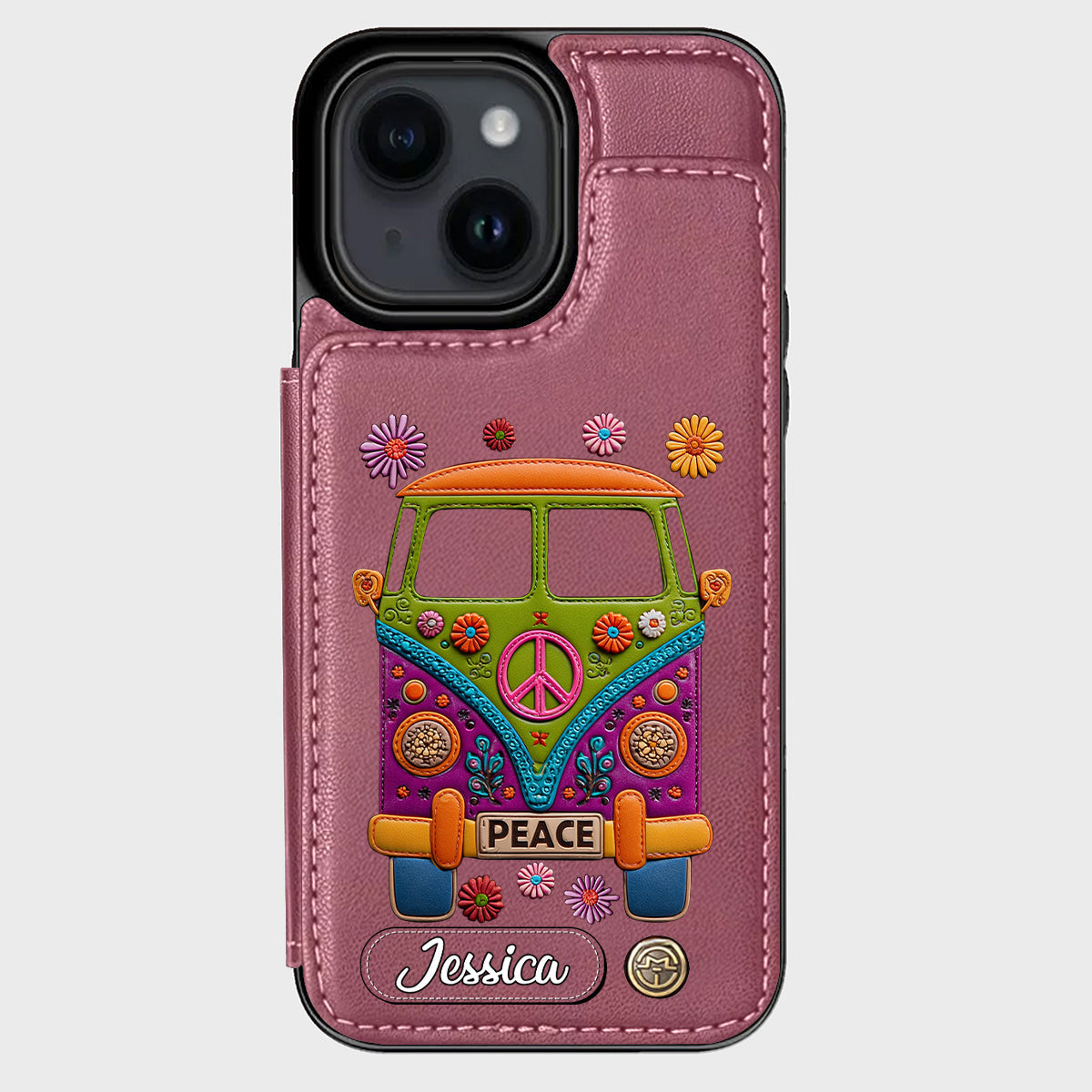 Peace Bus - Étui portefeuille hippie personnalisé avec breloque en cuir