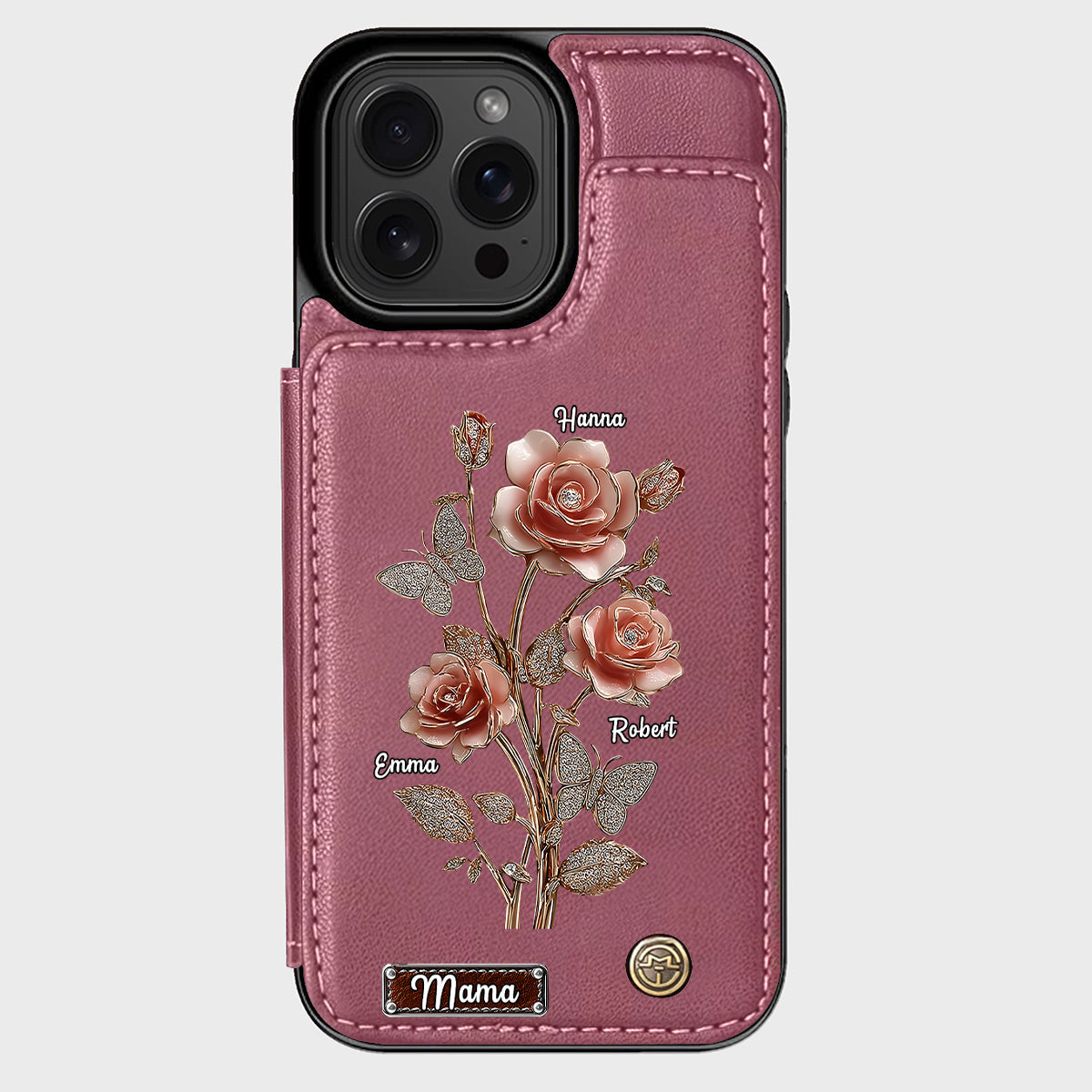 Étui portefeuille personnalisé pour téléphone portable « Mère et Roses »