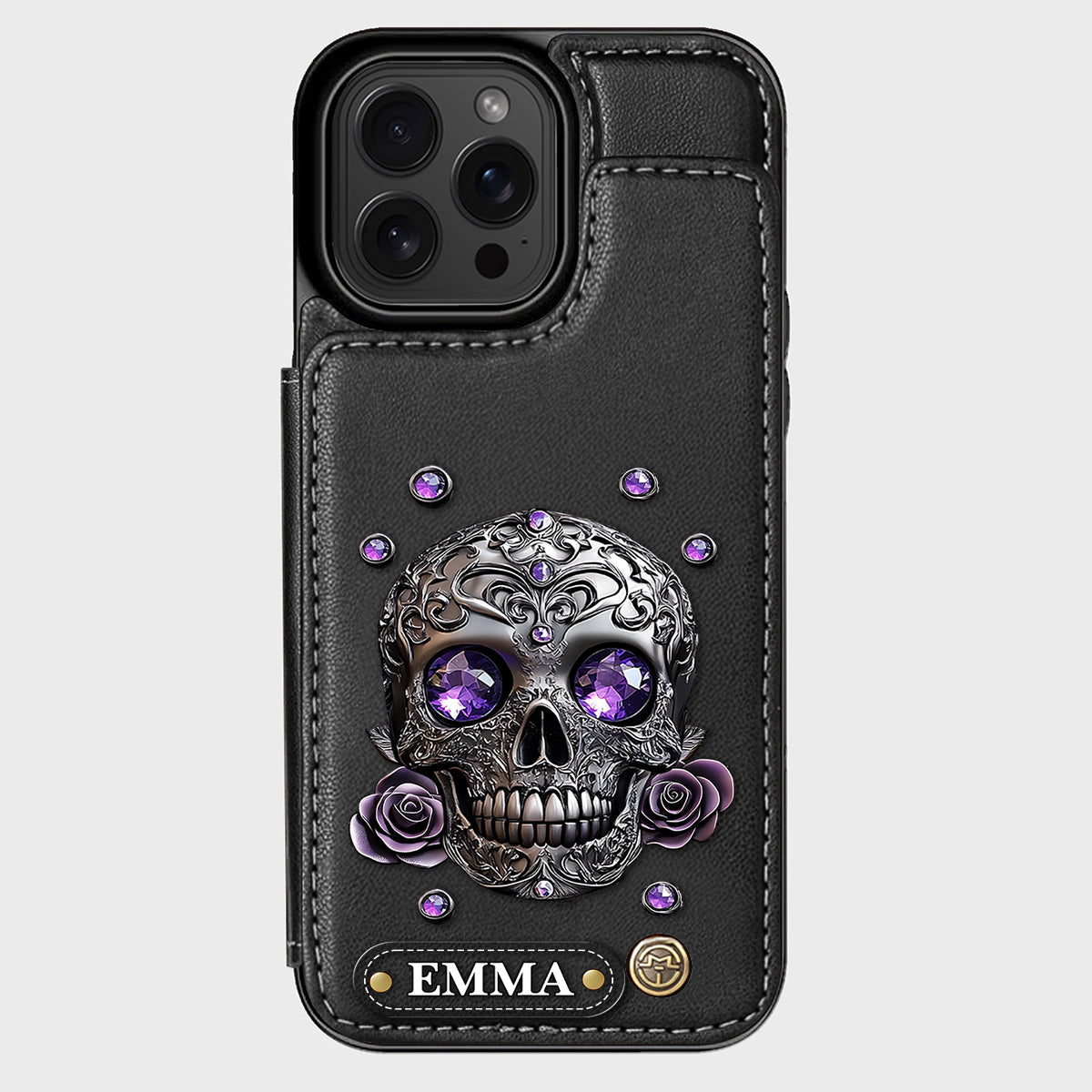 Étui portefeuille personnalisé avec tête de mort et roses