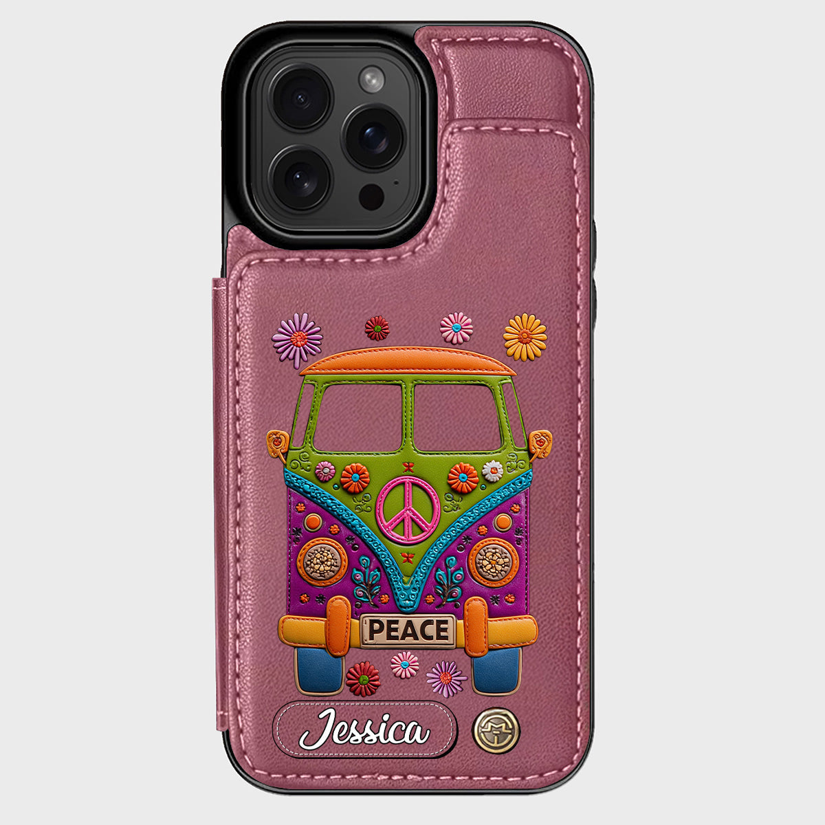 Peace Bus - Étui portefeuille hippie personnalisé avec breloque en cuir