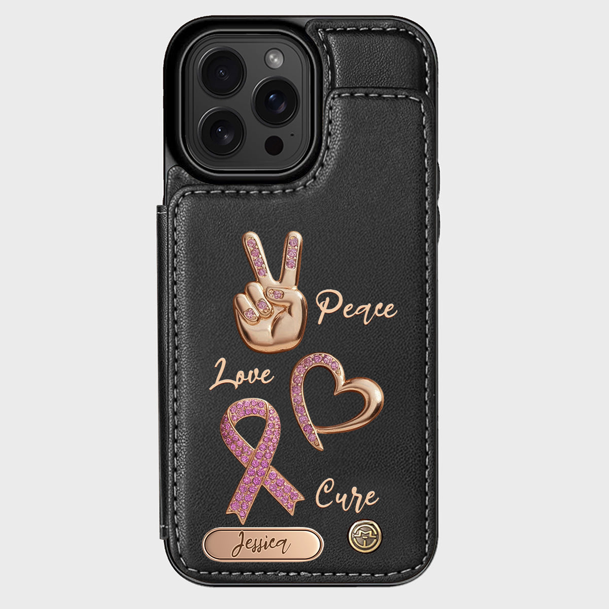 Étui portefeuille personnalisé Peace Love Cure pour téléphone, symbole de sensibilisation au cancer du sein