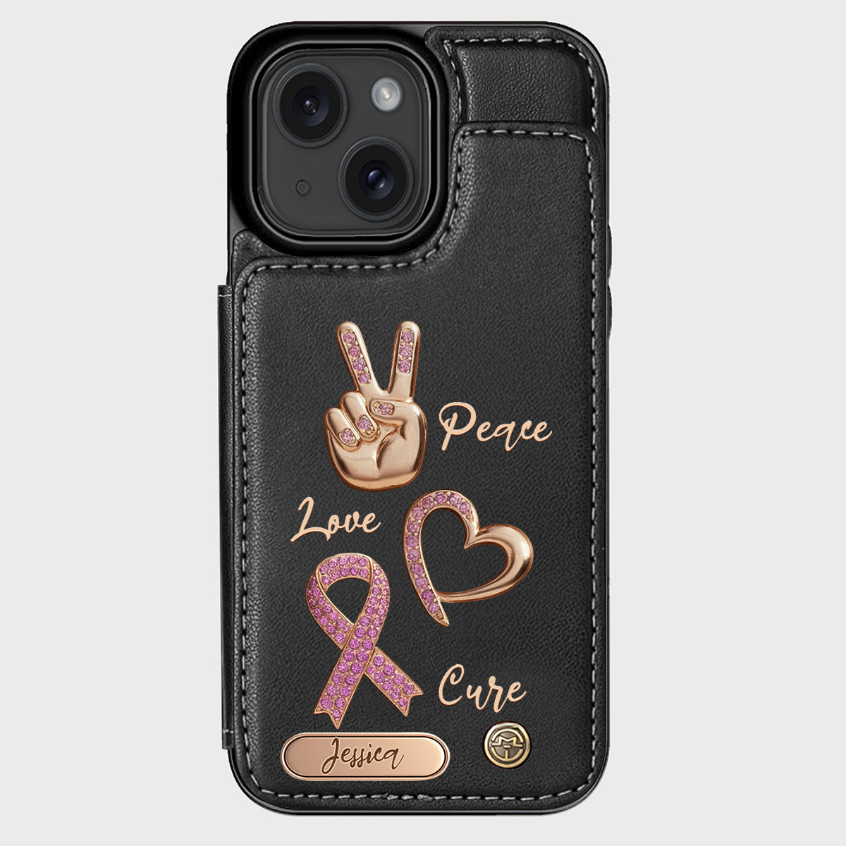Étui portefeuille personnalisé Peace Love Cure pour téléphone, symbole de sensibilisation au cancer du sein
